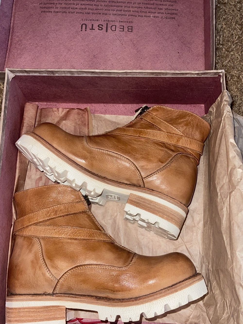 BED|STU Brown Leather Ankle Boots with White Lug Sole